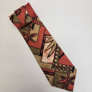 Bugatti Green/Coral Tropical Geometric 100% Italian Silk USA Made Necktie 57x4